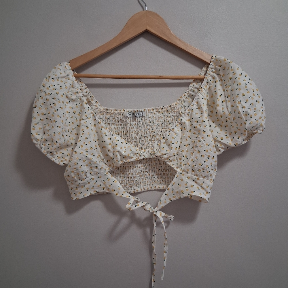 Glamaker Milkmaid Floral Ditzy Smocked Crop Puff Sleeve Top Size Medium